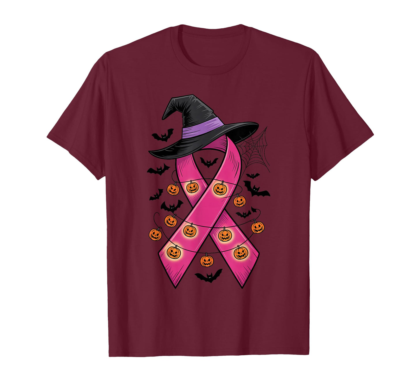 Breast Cancer Warrior Halloween Pink Ribbon Witch Hat Bats T-Shirt