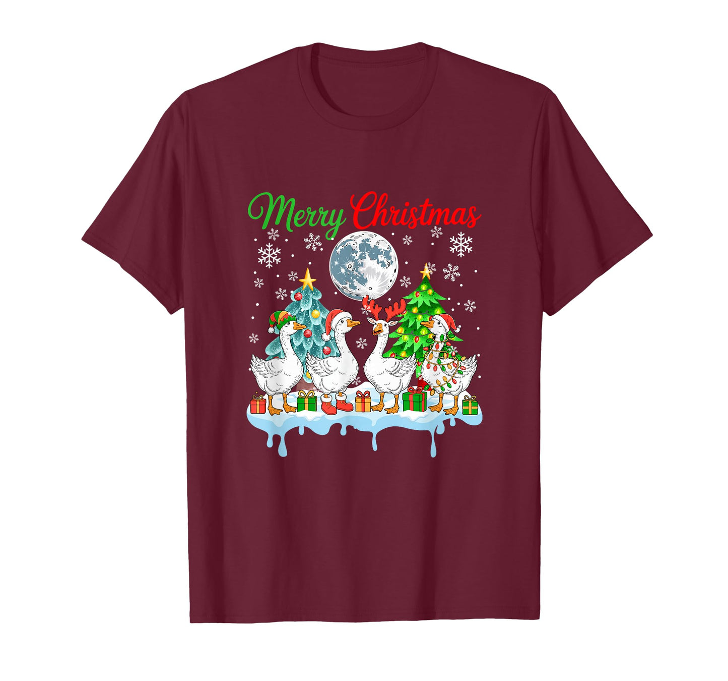 Merry Christmas Snow Group Santa Elf Reindeer Gooses Farmer T-Shirt