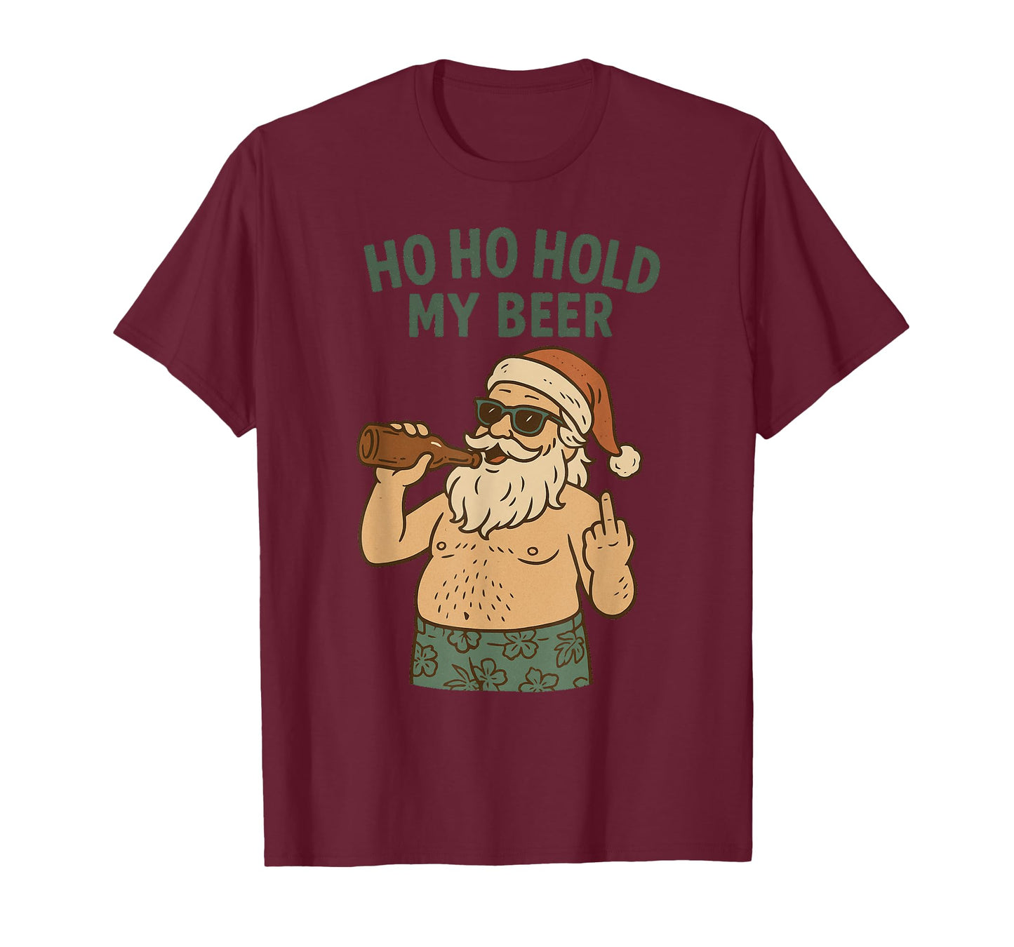 Funny Beach Santa – Ho Ho Hold My Beer, Middle Finger Bird T-Shirt