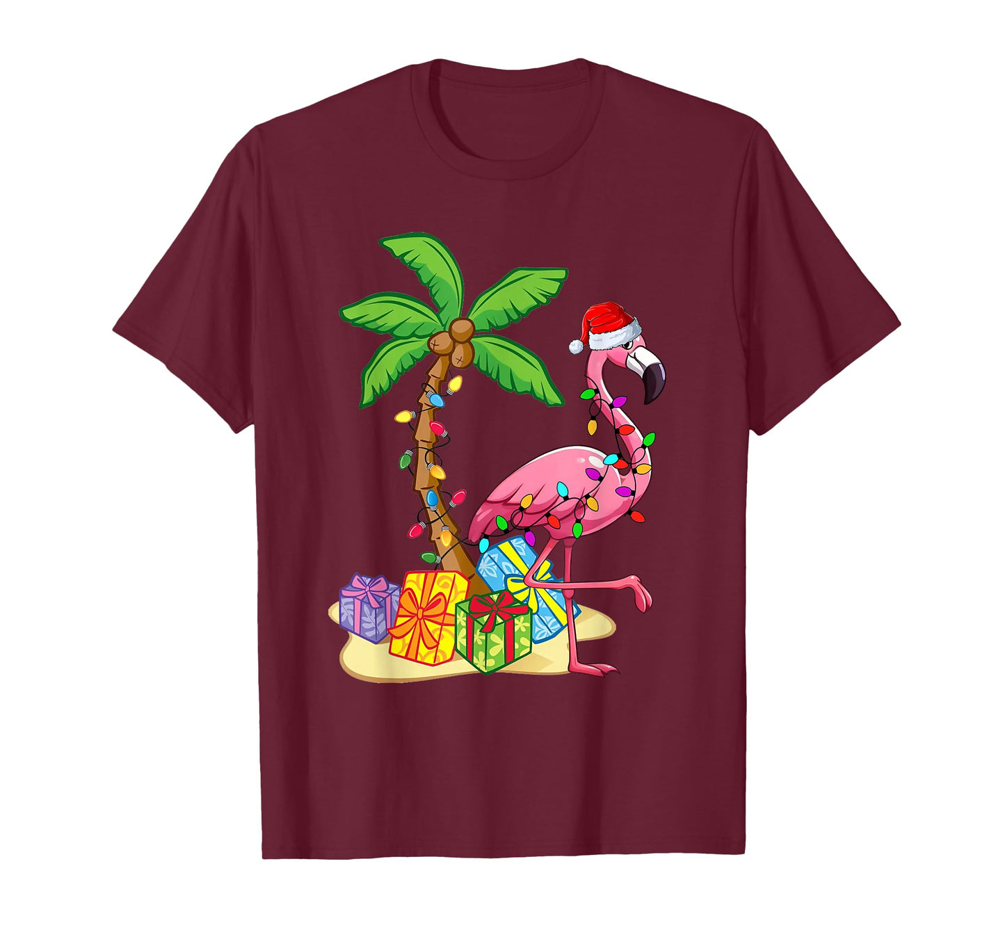 Flamingo Santa Hat Palm Tree Merry Christmas Lights T-Shirt