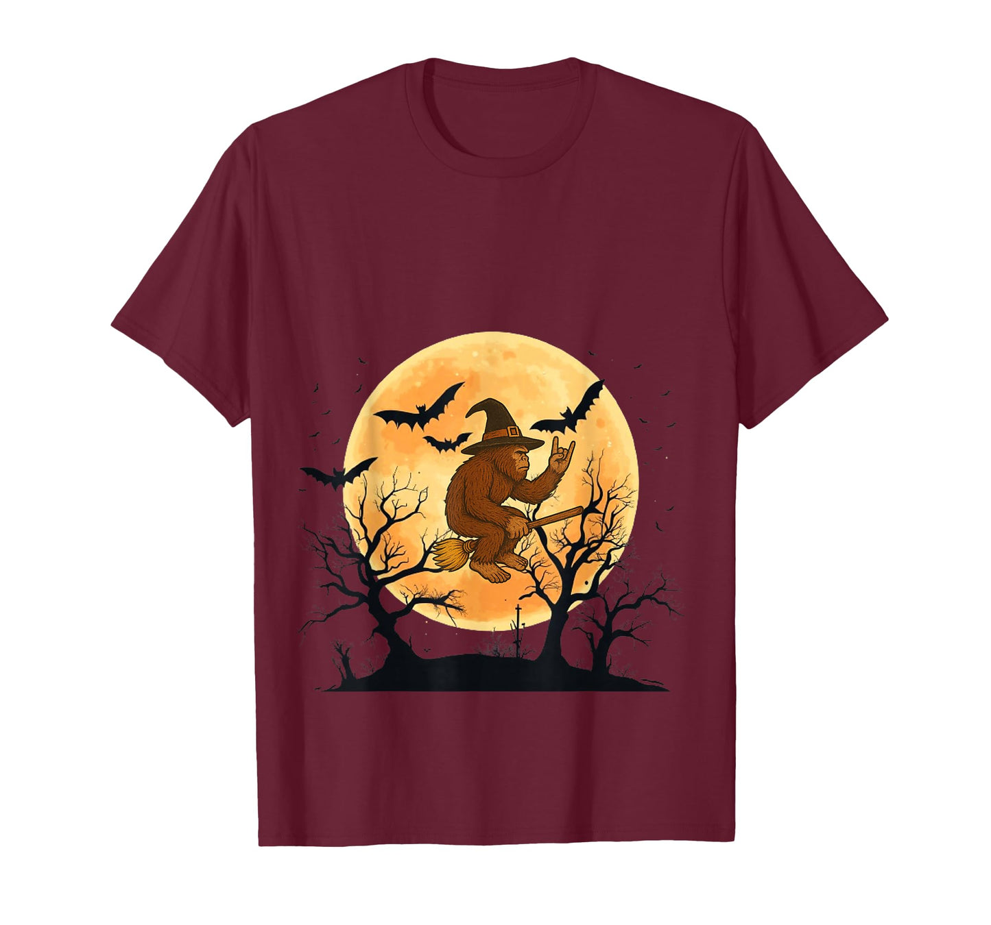 Bigfoot Witch Riding Broom Halloween Costume Funny Bigfoot T-Shirt