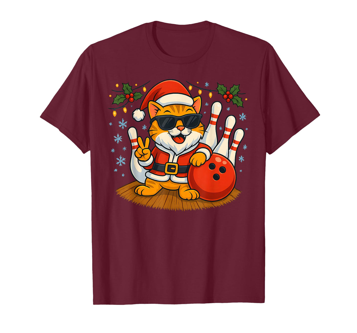 Santa Cat Bowling Christmas Funny Holiday Vibes Men Women T-Shirt