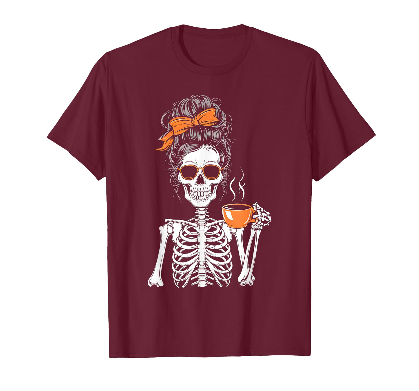 Halloween Skeleton Messy Bun Coffee Funny Costume Mom Women T-Shirt