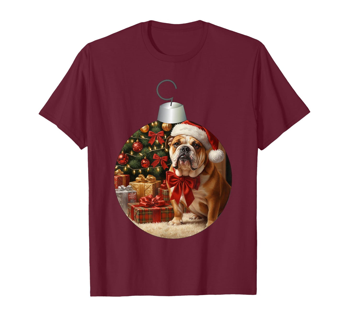 English Bulldog Dog Christmas Tree Ornament Santa Bow Cute T-Shirt