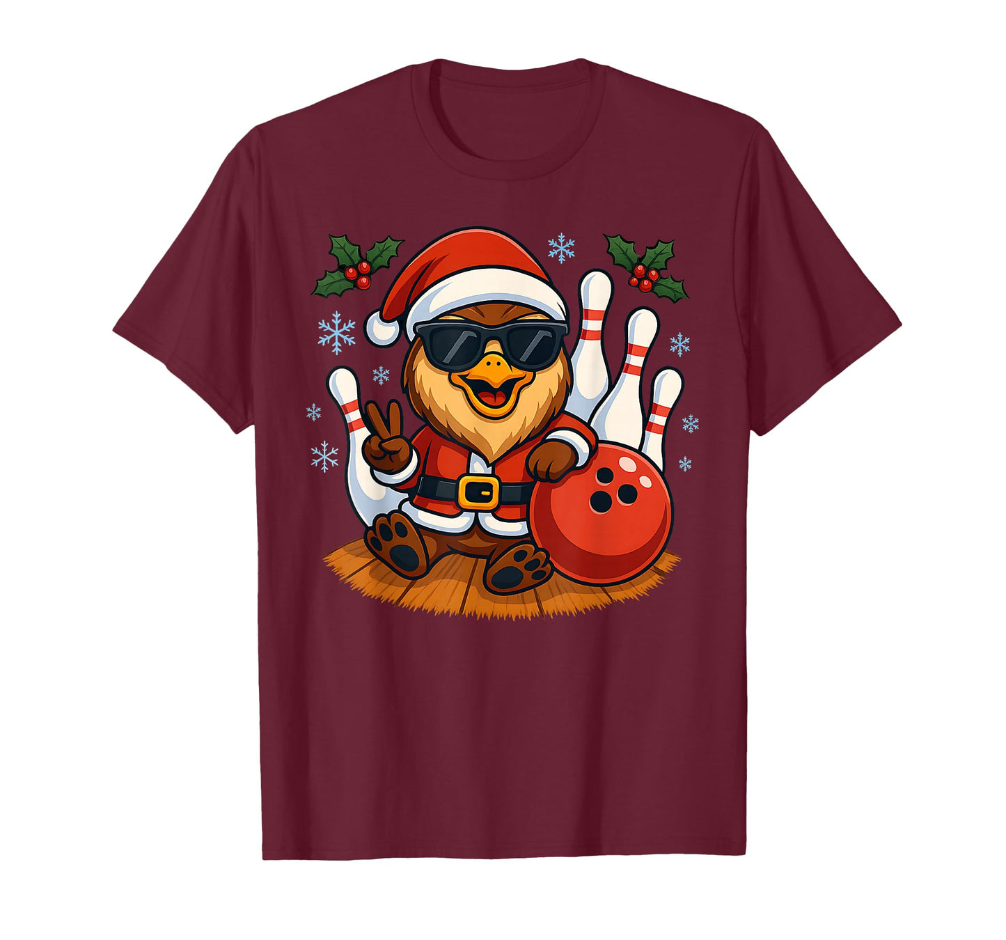 Santa Owl Bowling Christmas Funny Holiday Vibes Men Women T-Shirt