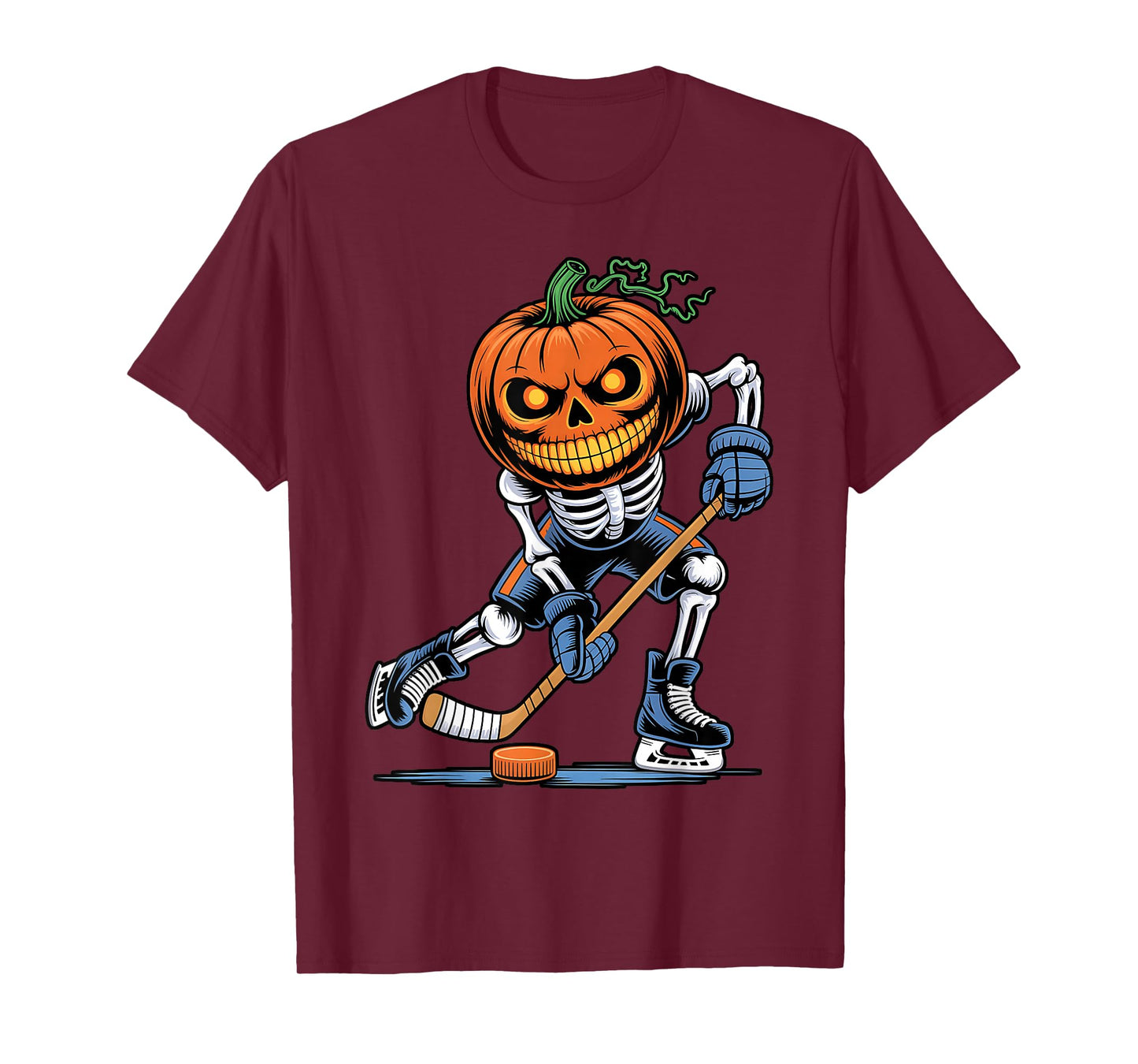 Funny Skeleton Ice Hockey Pumpkin Halloween Mens Boys Kids T-Shirt