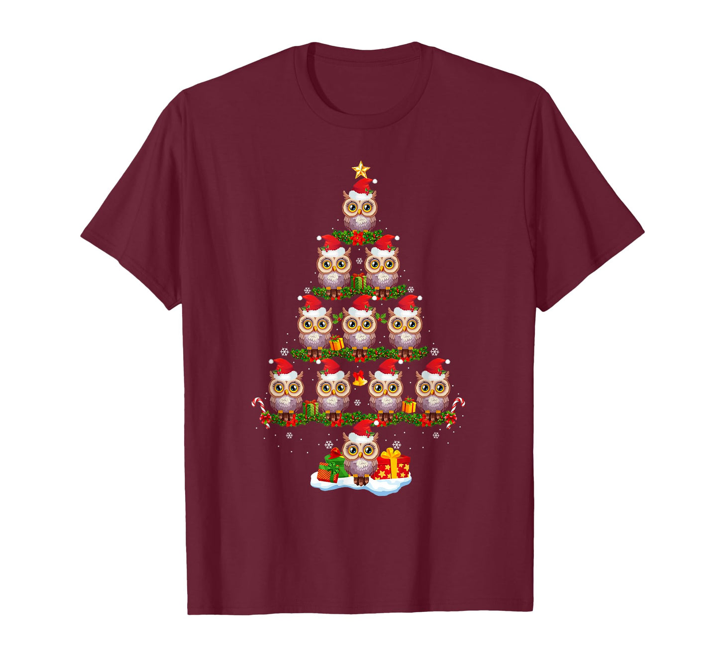 Owl Christmas Tree Lights Funny Xmas Santa Hat Owl Lover T-Shirt