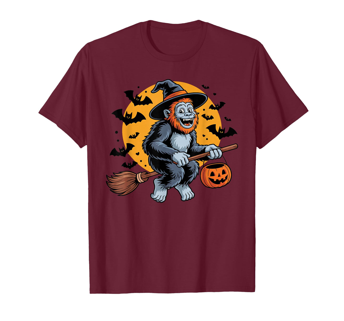 Cute Bigfoot Witch Riding Broom Halloween Pumpkin Kids Boys T-Shirt