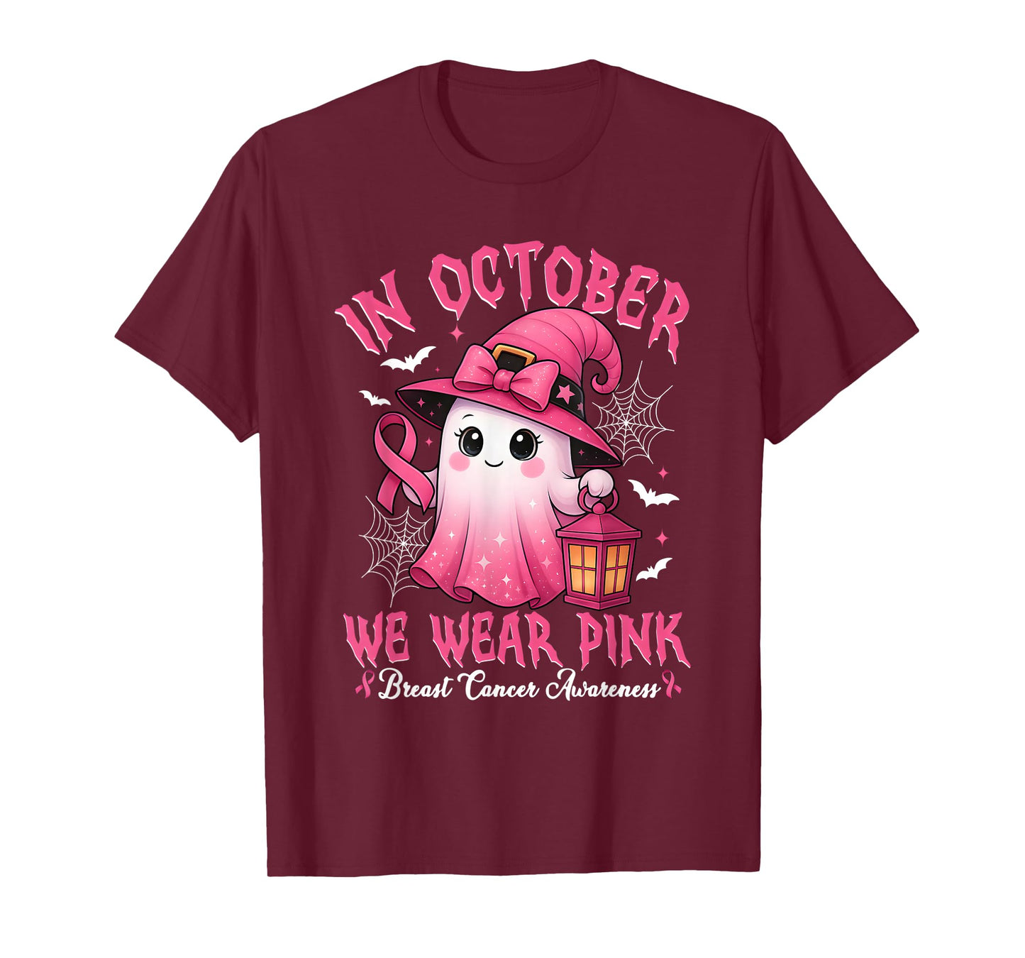 in October We Wear Pink Ghost Witch Breast Cancer Awareness T-Shirt