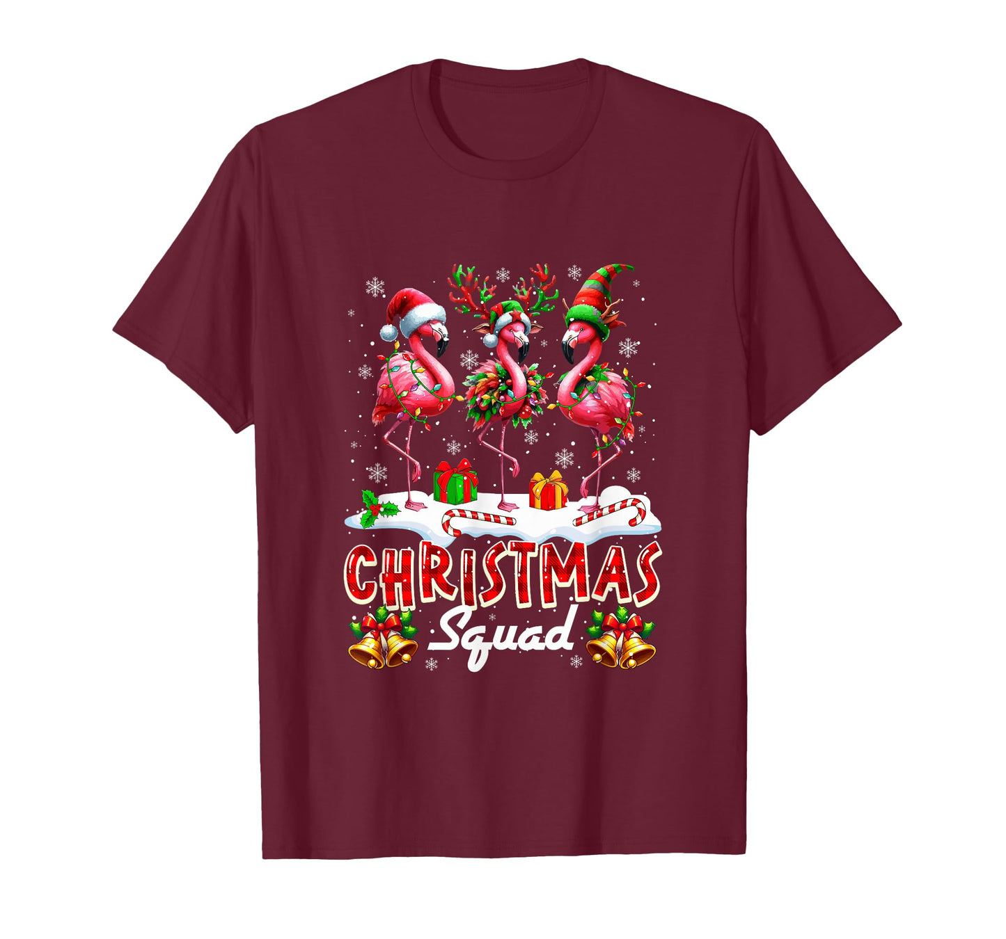 Christmas Squad Three Santa Reindeer Elf Flamingos Colorful T-Shirt