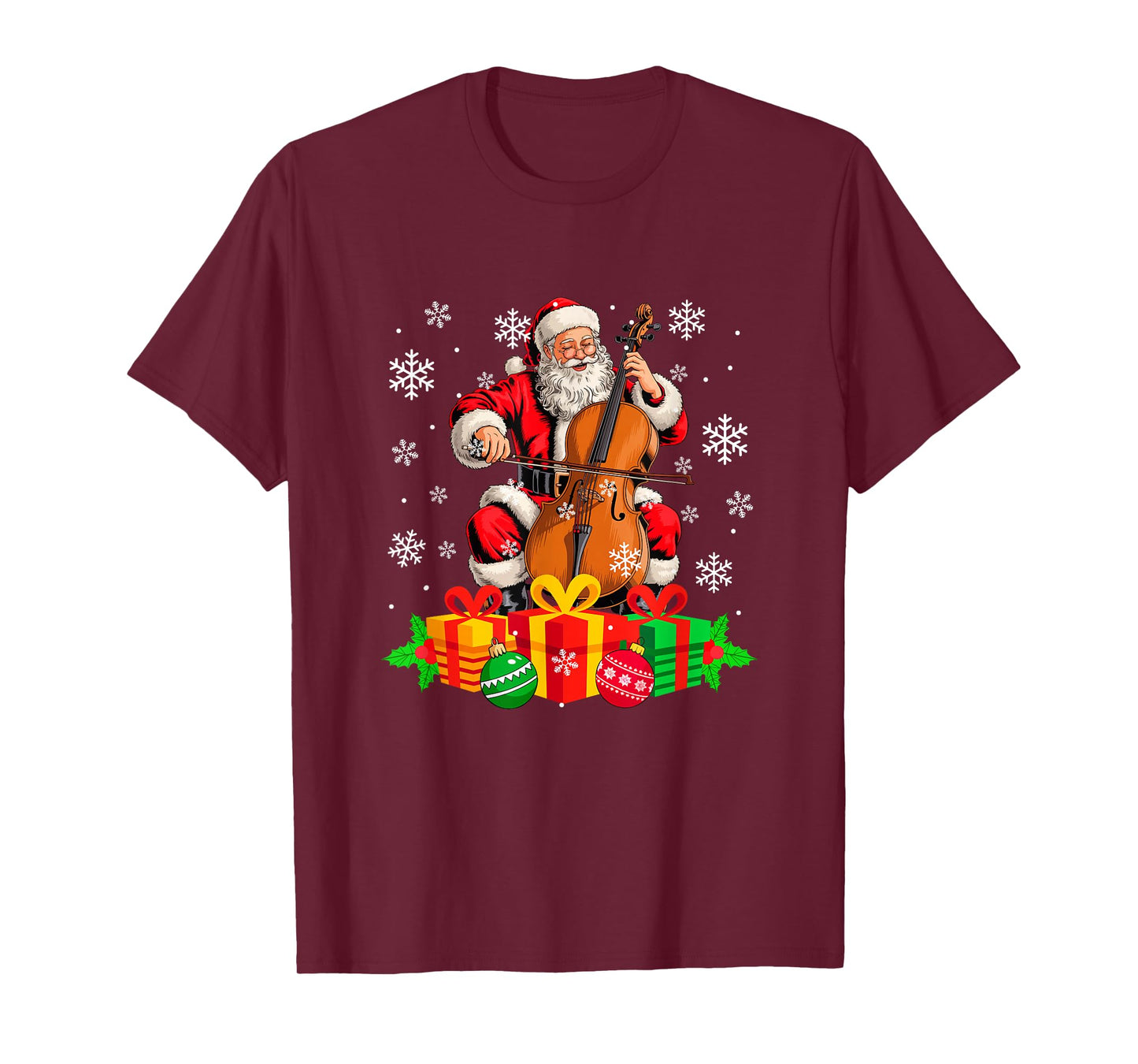 Santa Playing Cello Instrument Colorful Christmas Boxes T-Shirt