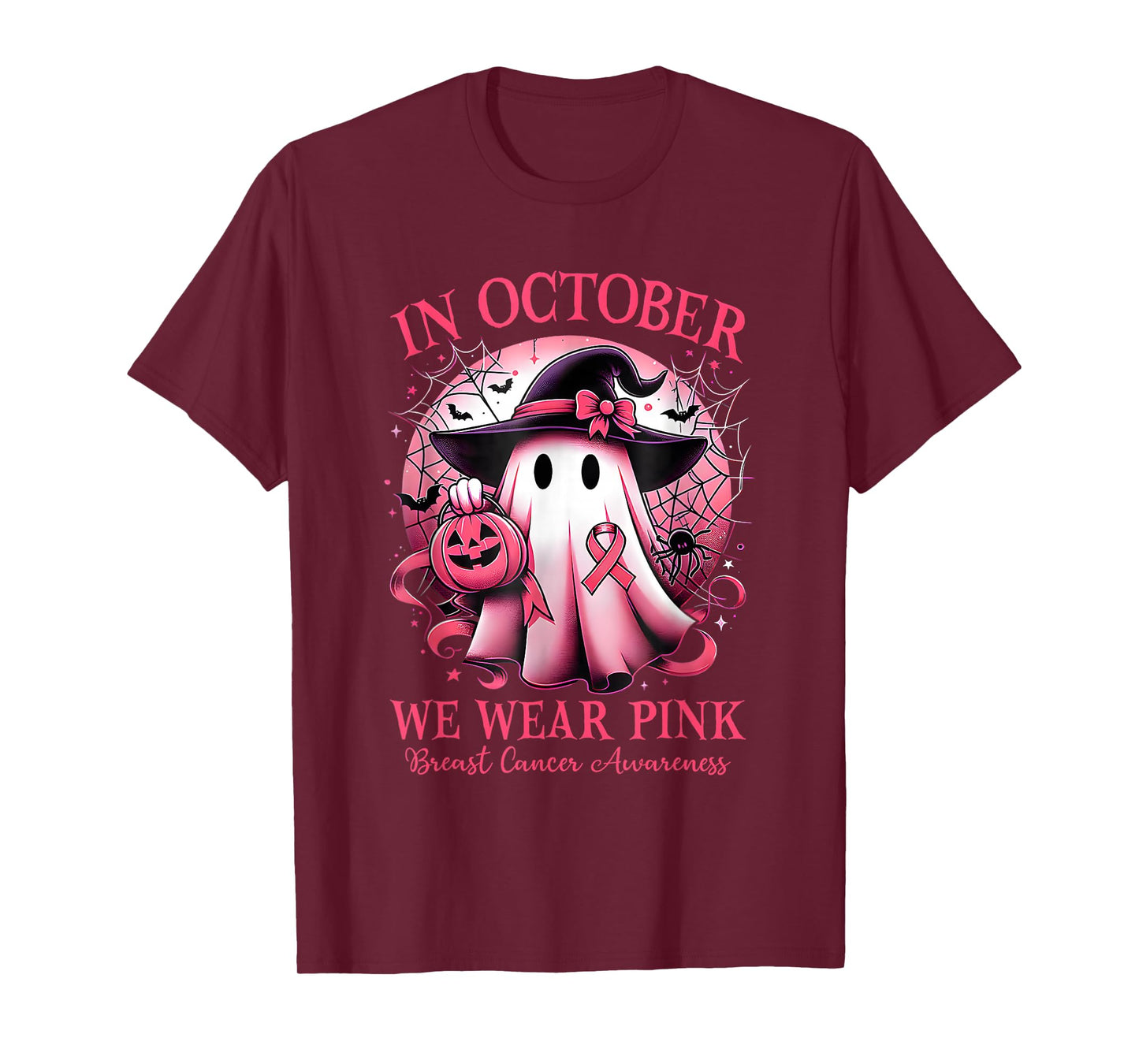 in October We Wear Pink Witch Ghost Breast Cancer T-Shirt