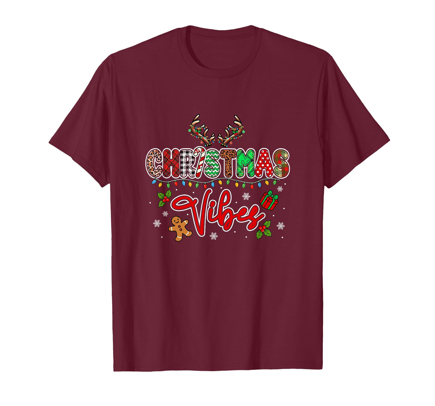 Christmas Funny Vibes Colorful Lights Reindeer Gingerbread T-Shirt