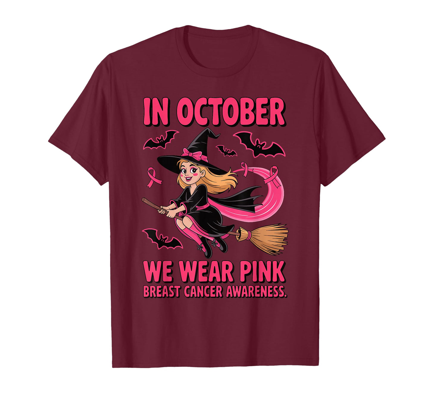 We Wear Pink in October Breast Cancer Women Halloween Witch T-Shirt