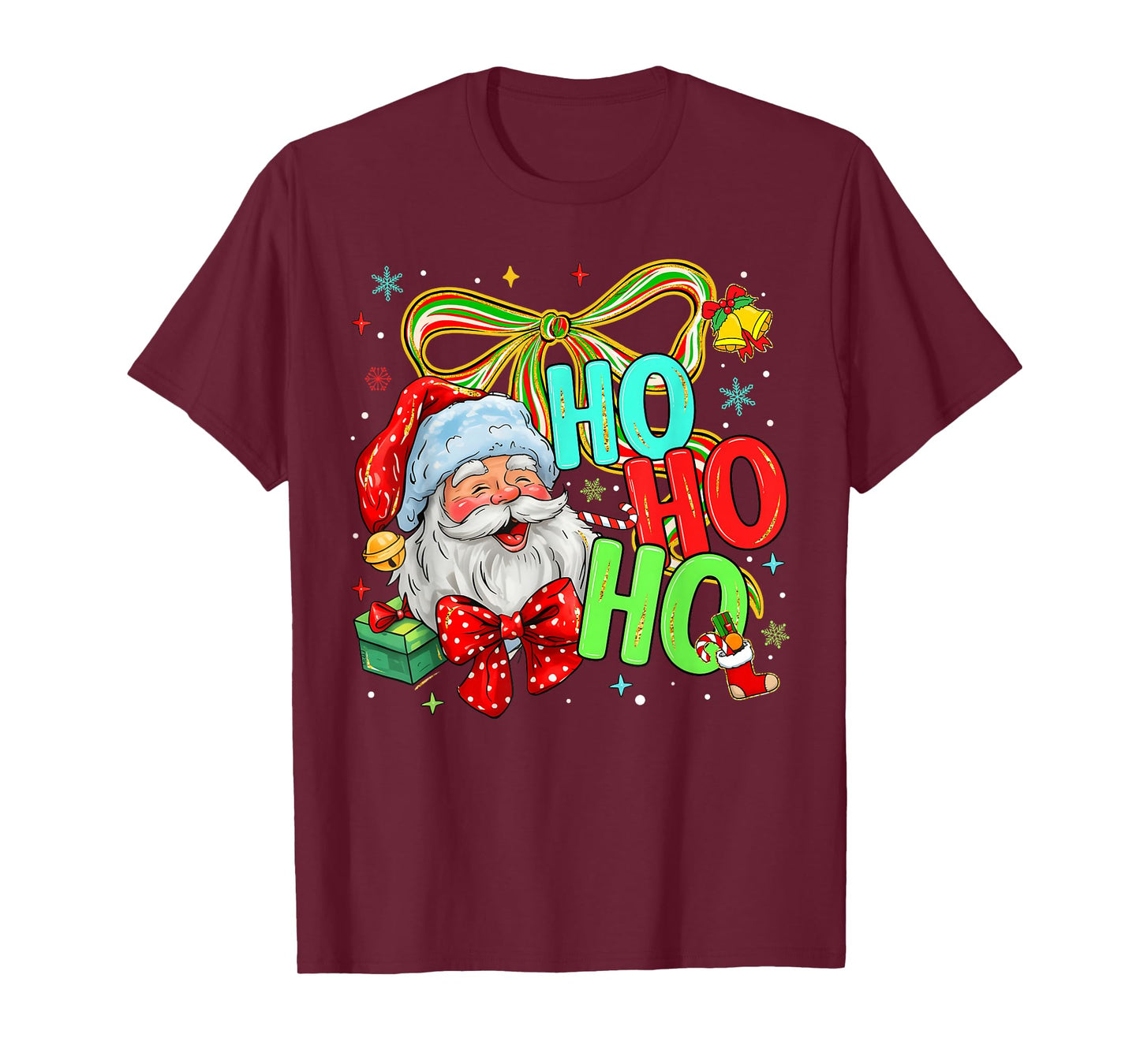 Christmas Santa Claus Ho Ho Ho Coquette Bow Pink Xmas Women T-Shirt
