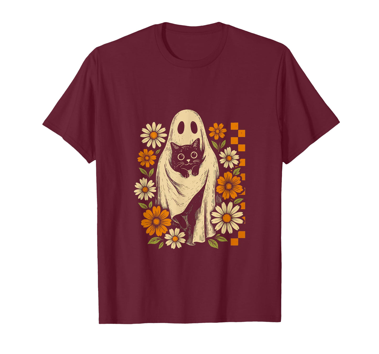 Vintage Halloween Ghost Holding Black Cat Groovy Floral T-Shirt