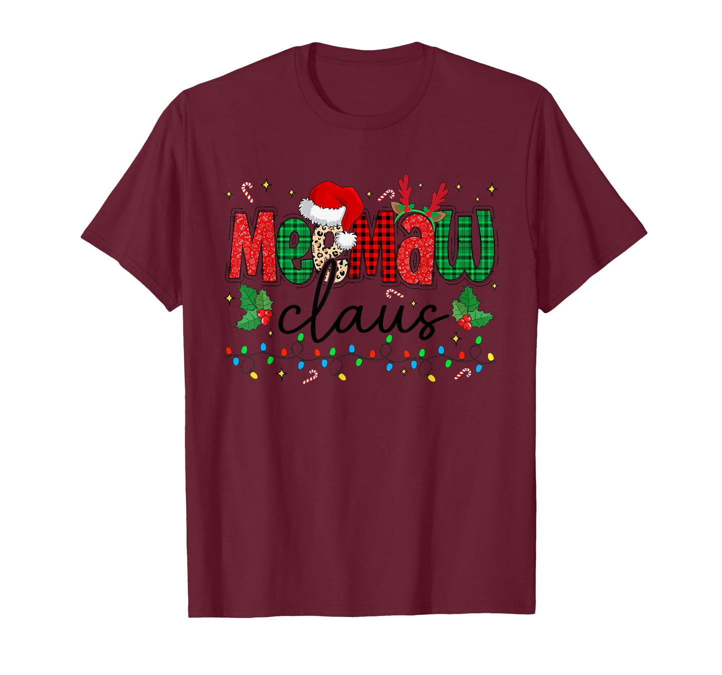 Meemaw Claus Christmas Santa Hat Reindeer Grandma Grandkids T-Shirt