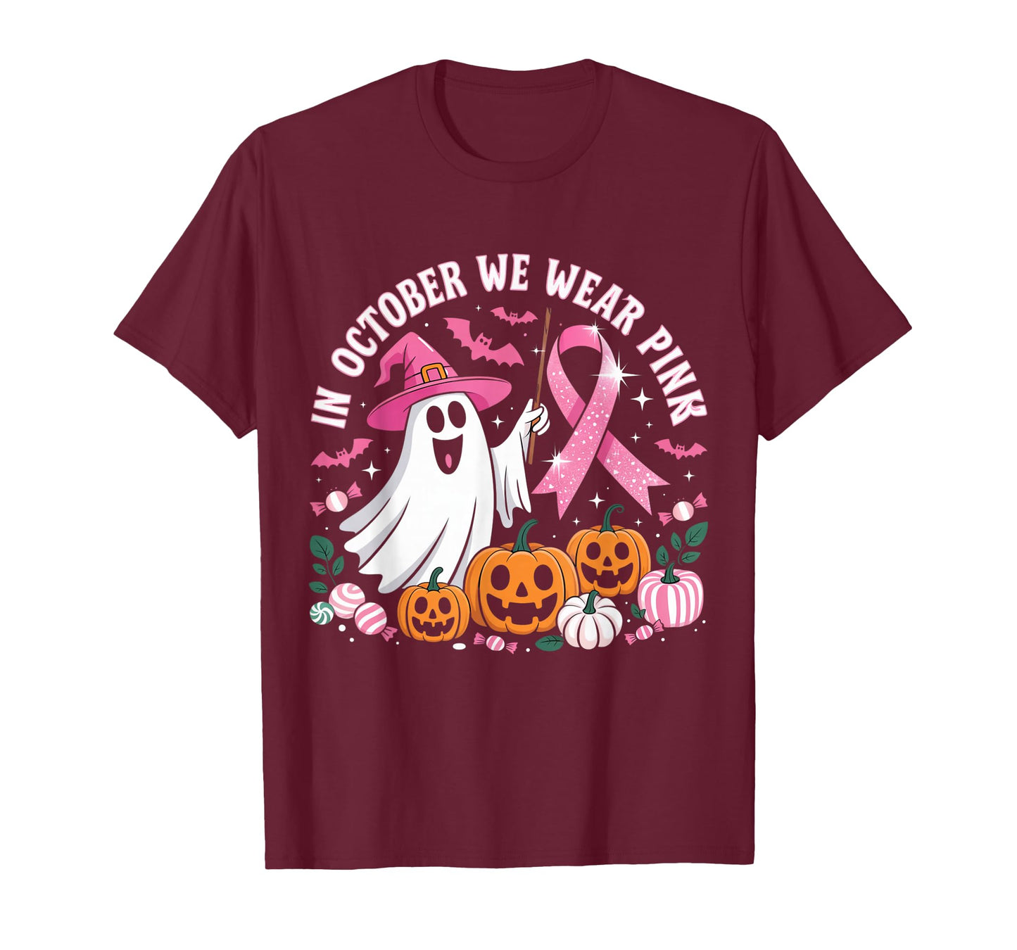 in October We Wear Pink Ghost Witch Breast Cancer Awareness T-Shirt