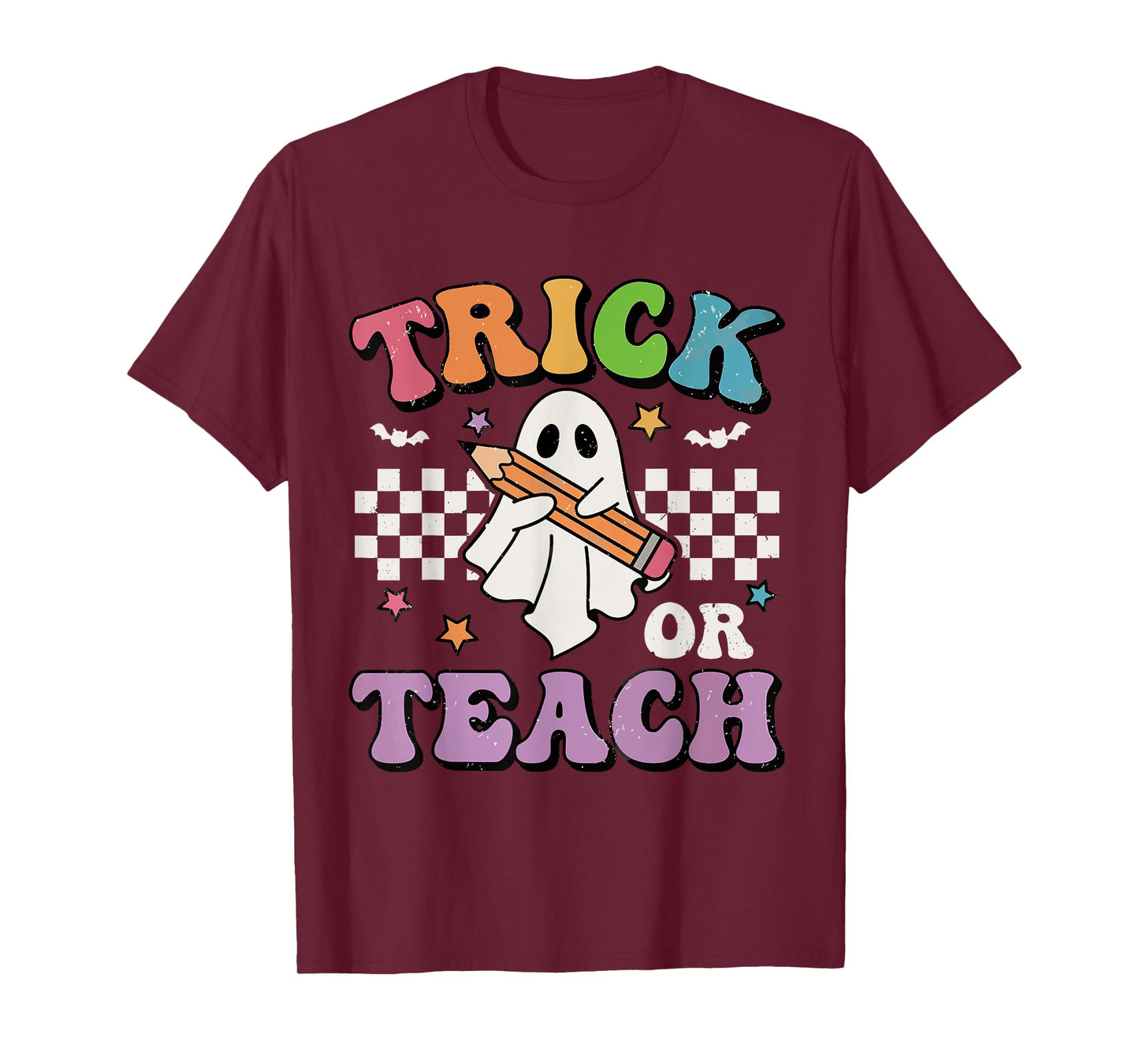 Trick Or Teach Groovy Teacher Halloween Retro Floral Ghost T-Shirt