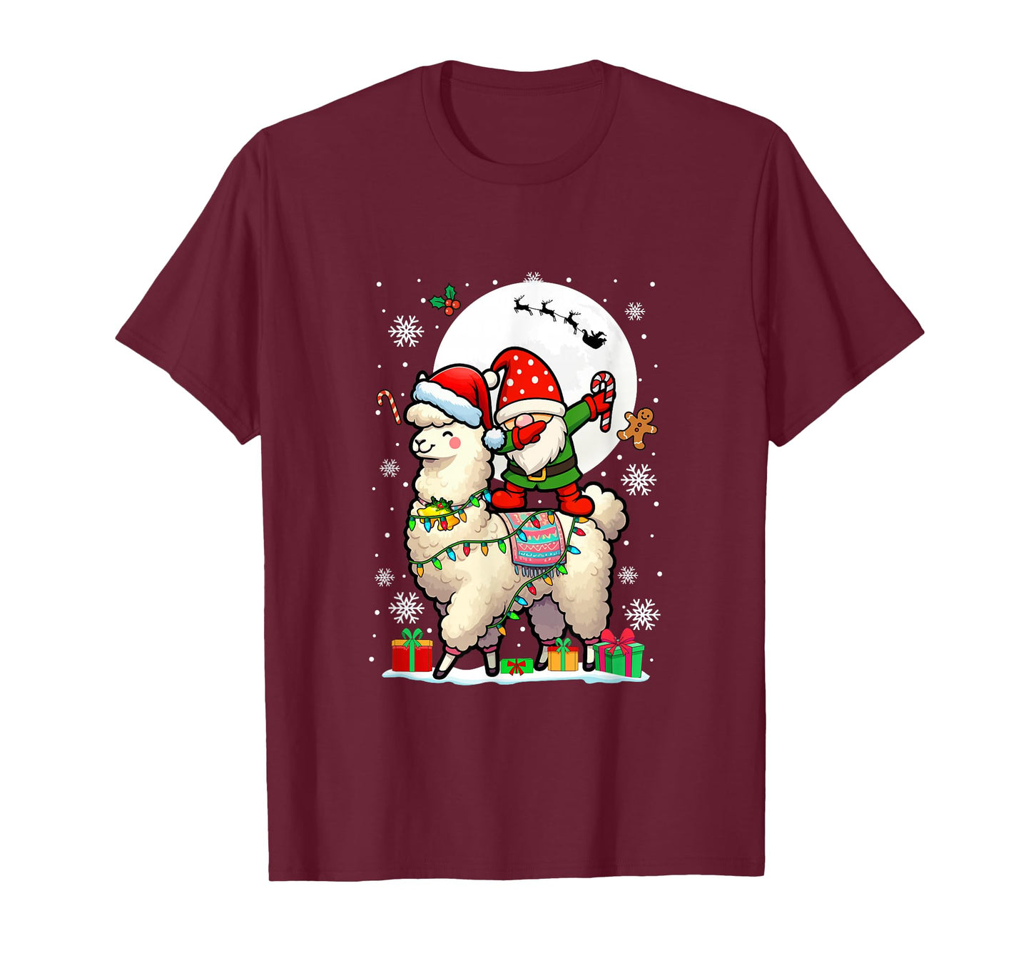 Dabbing Gnome On Llama Christmas Santa Colorful Lights T-Shirt
