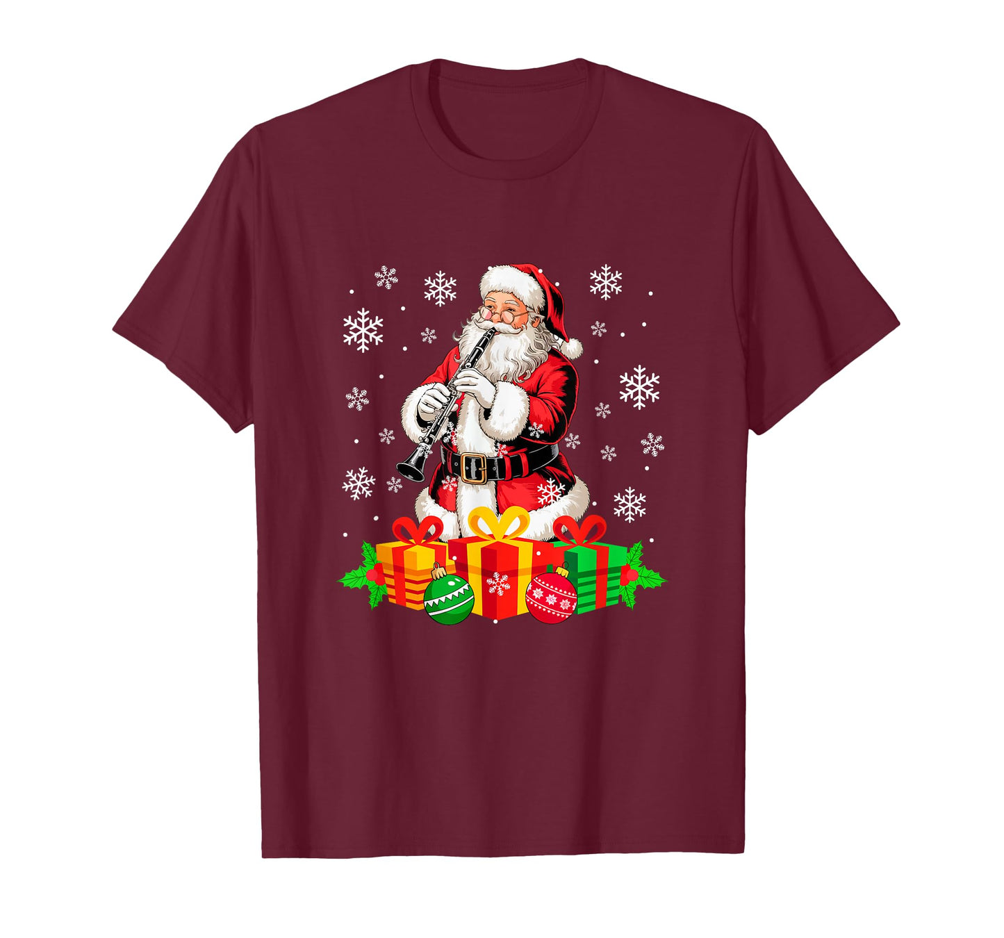 Santa Playing Clarinet Instrument Colorful Christmas Boxes T-Shirt