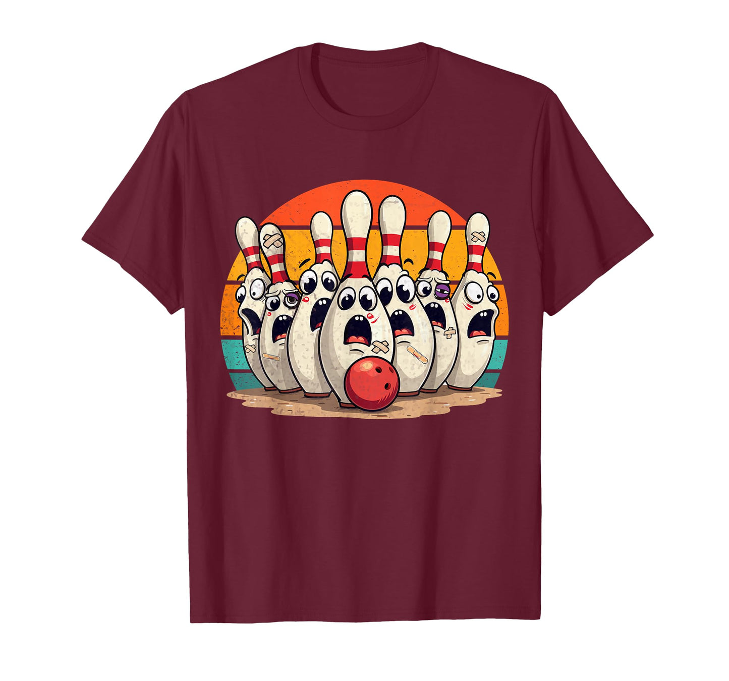 Funny Sport Bowler Scared Bowling Pins Retro Sunset Design T-Shirt