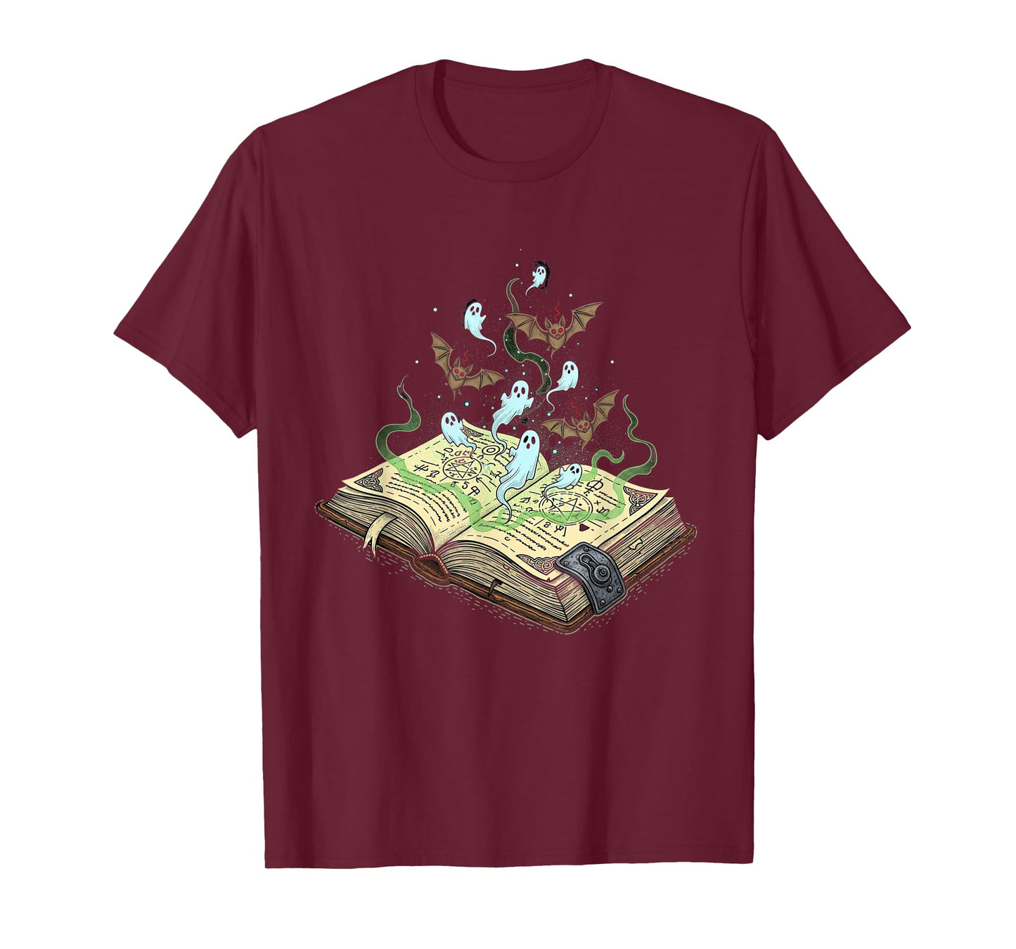 Magic Spellbook Summoning Ghosts and Bats Halloween Women T-Shirt