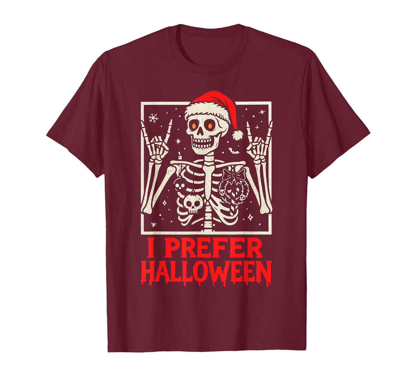 Rock Skeleton Santa Hat Christmas Halloween Lover T-Shirt