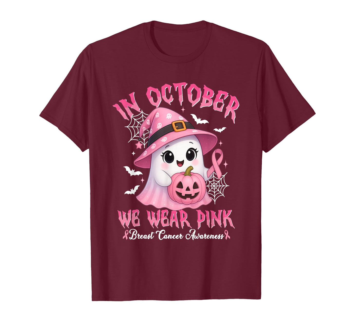 in October We Wear Pink Funny Ghost Breast Cancer Awareness T-Shirt