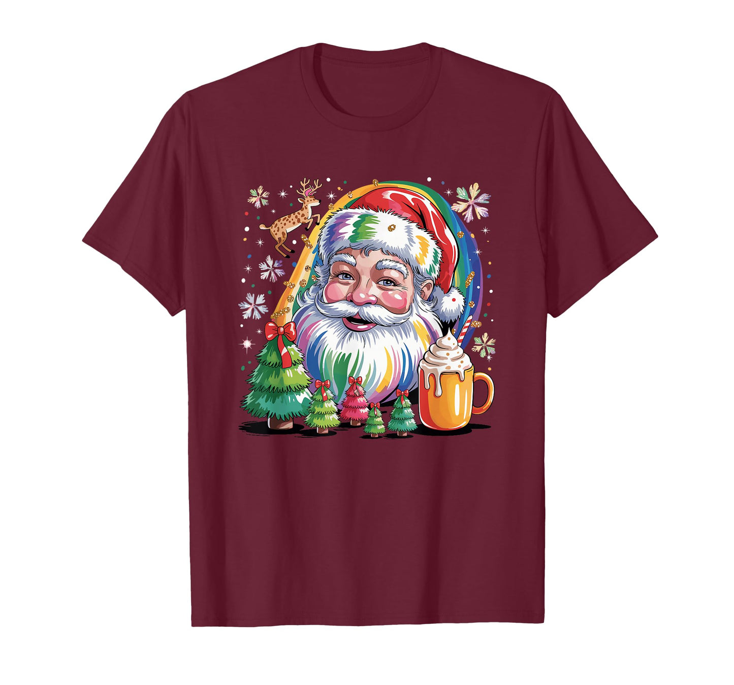 Colorful Rainbow Santa Christmas Cocoa and Tree T-Shirt