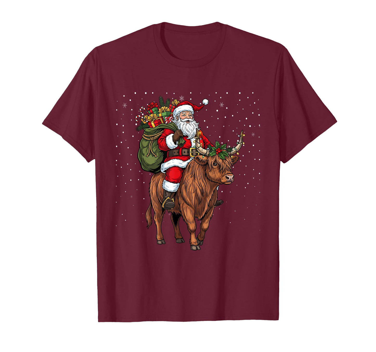 Santa Riding Highland Cow Christmas T-Shirt