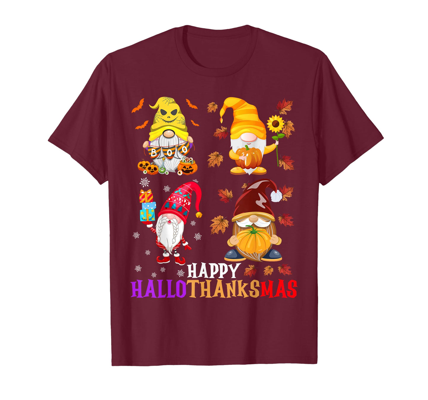 Happy Hallothanksmas Gnomes Halloween Thanksgiving Christmas T-Shirt