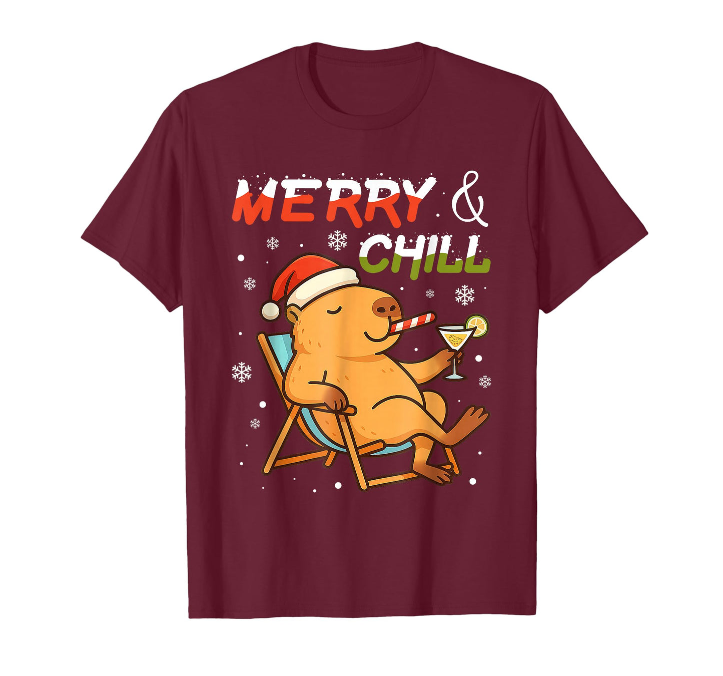 Merry and Chill Capybara Santa Hat Christmas T-Shirt