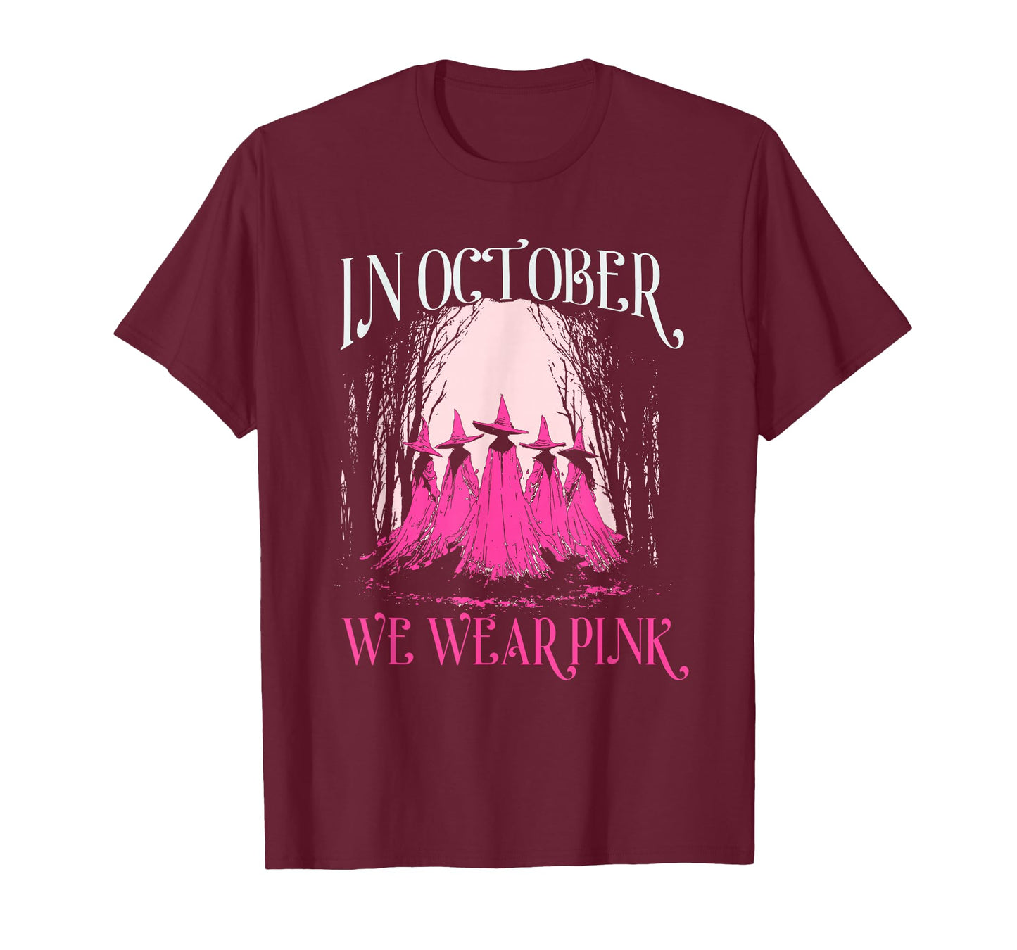 in October We Wear Pink Witch, Retro Cancer Ribbon Halloween T-Shirt