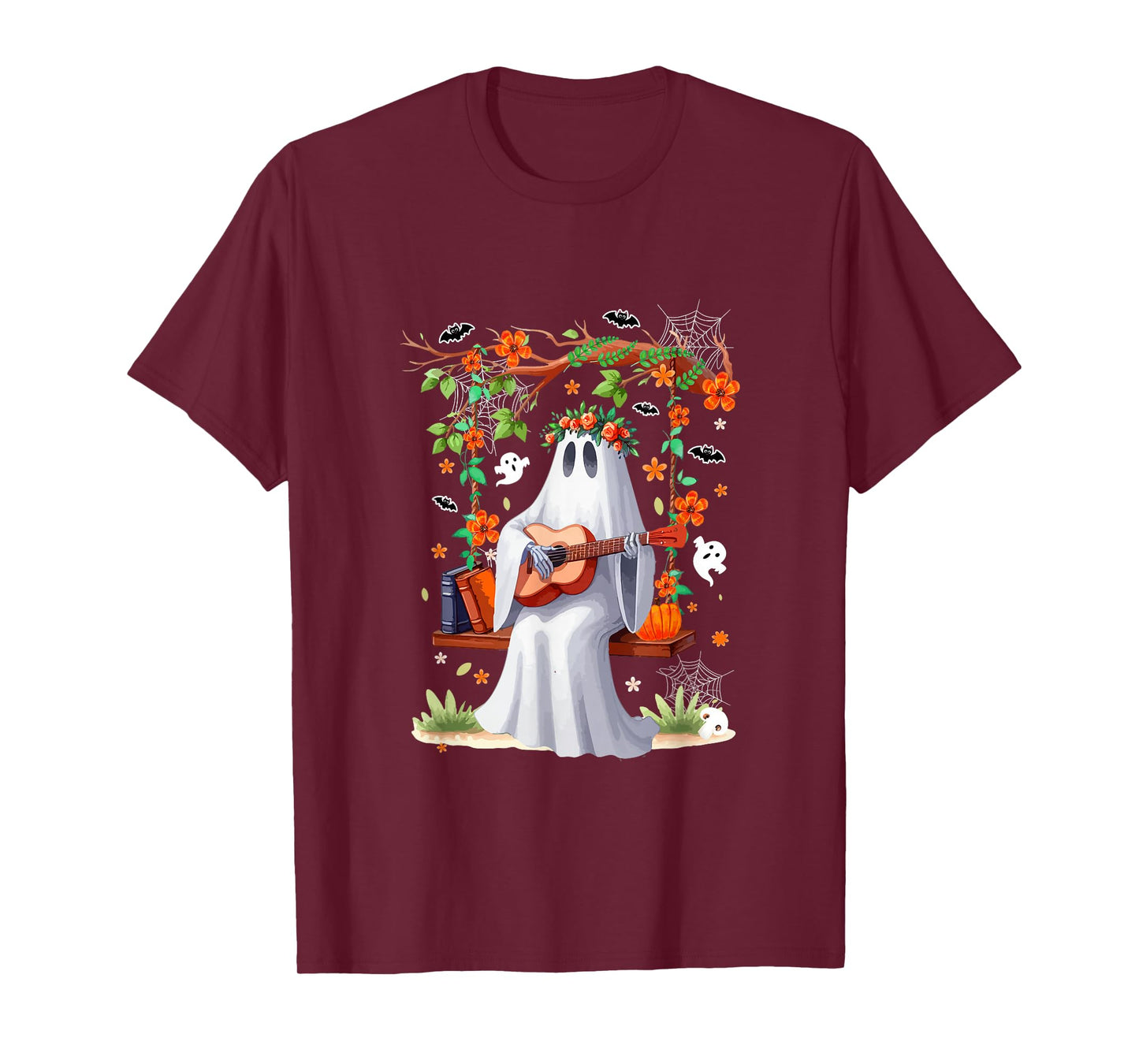 Cute Boo On Swing Playing Guitar Halloween Colorful Flowers T-Shirt