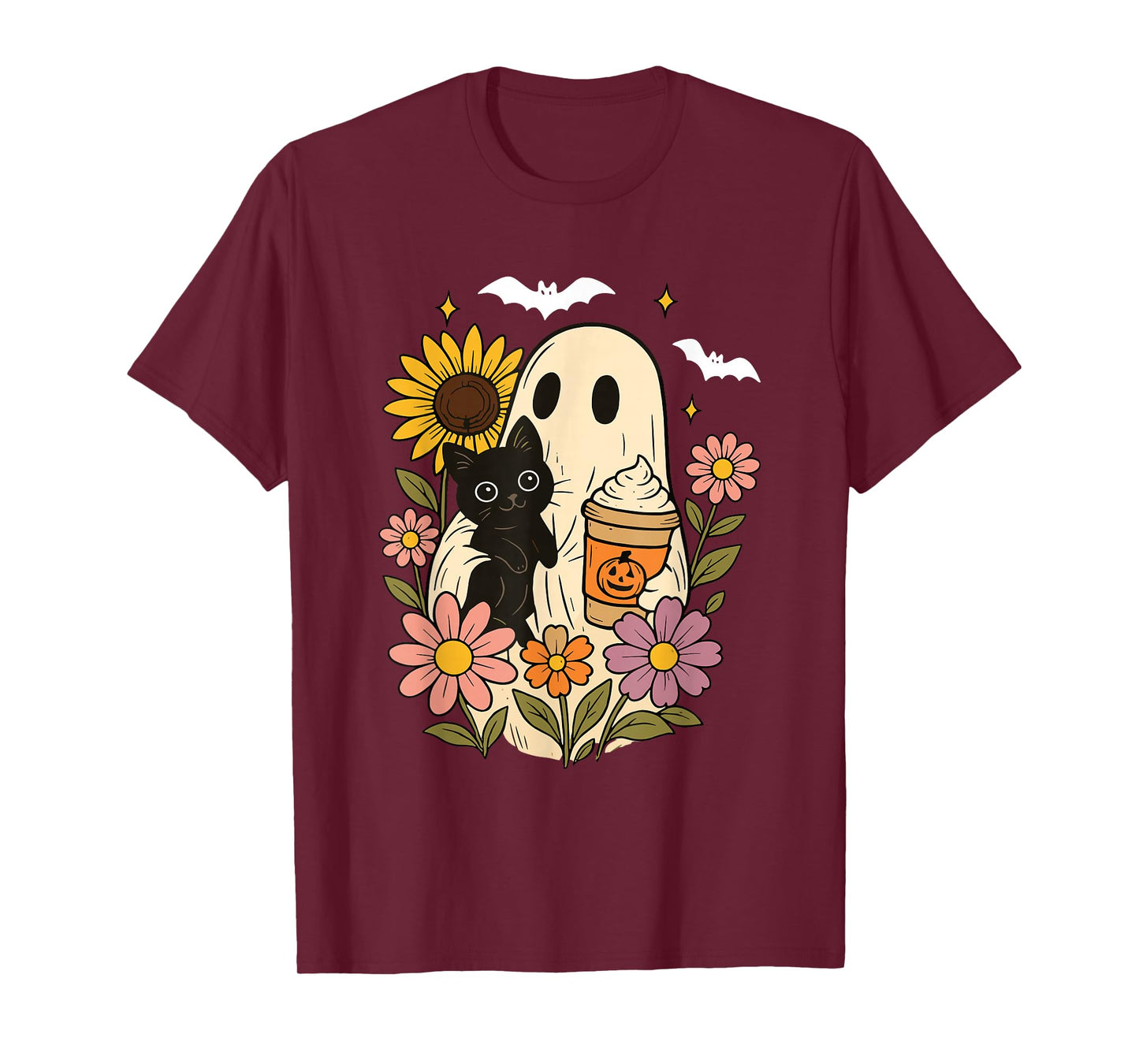 Floral Ghost Pumpkin Spice Halloween Ghost Holding Black Cat T-Shirt