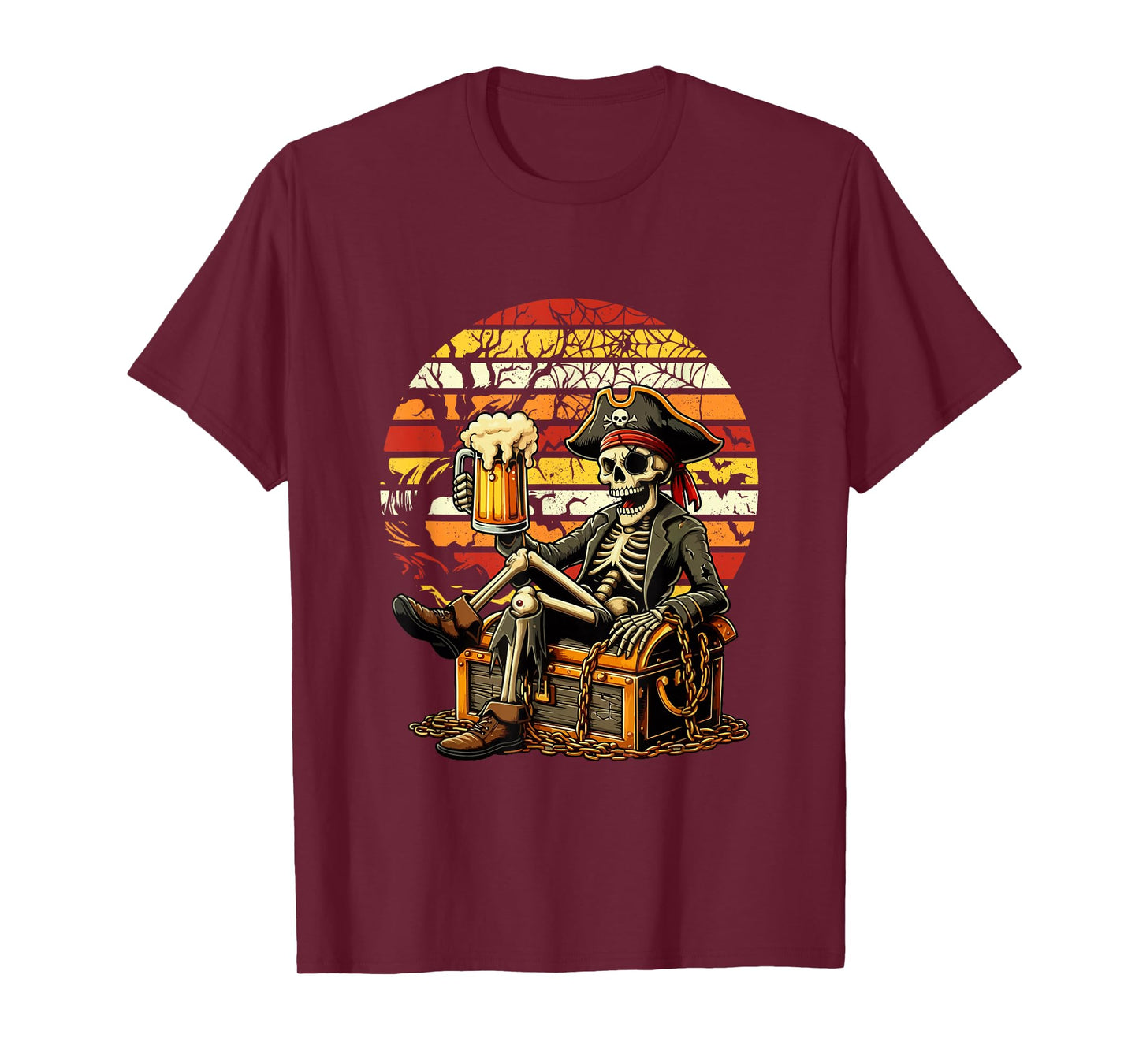 Vintage Retro Halloween Skeleton As Pirate Drinking Beer T-Shirt
