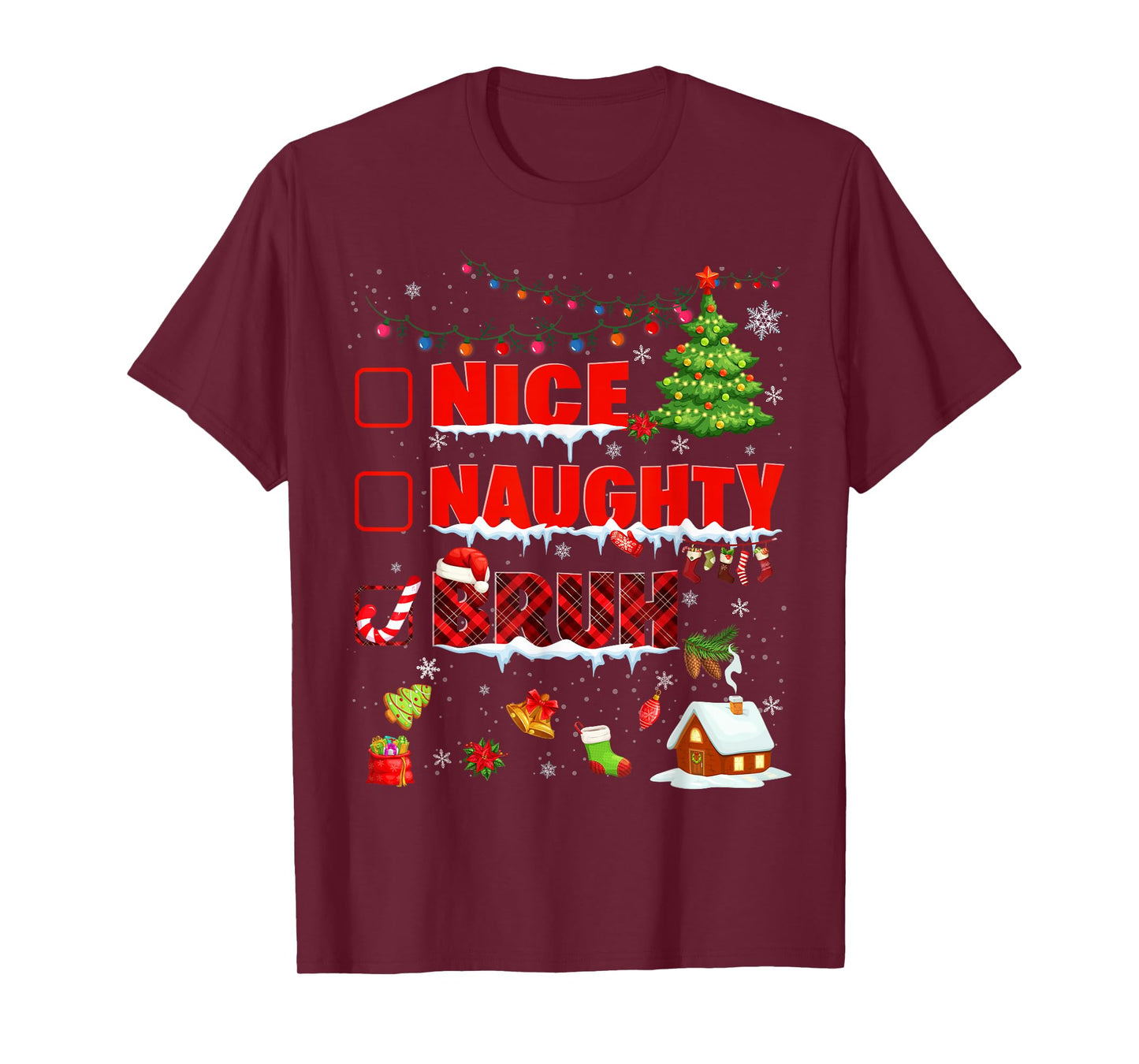 Funny Nice Naughty Bruh Christmas Plaid Pjs Pajamas Boys Men T-Shirt