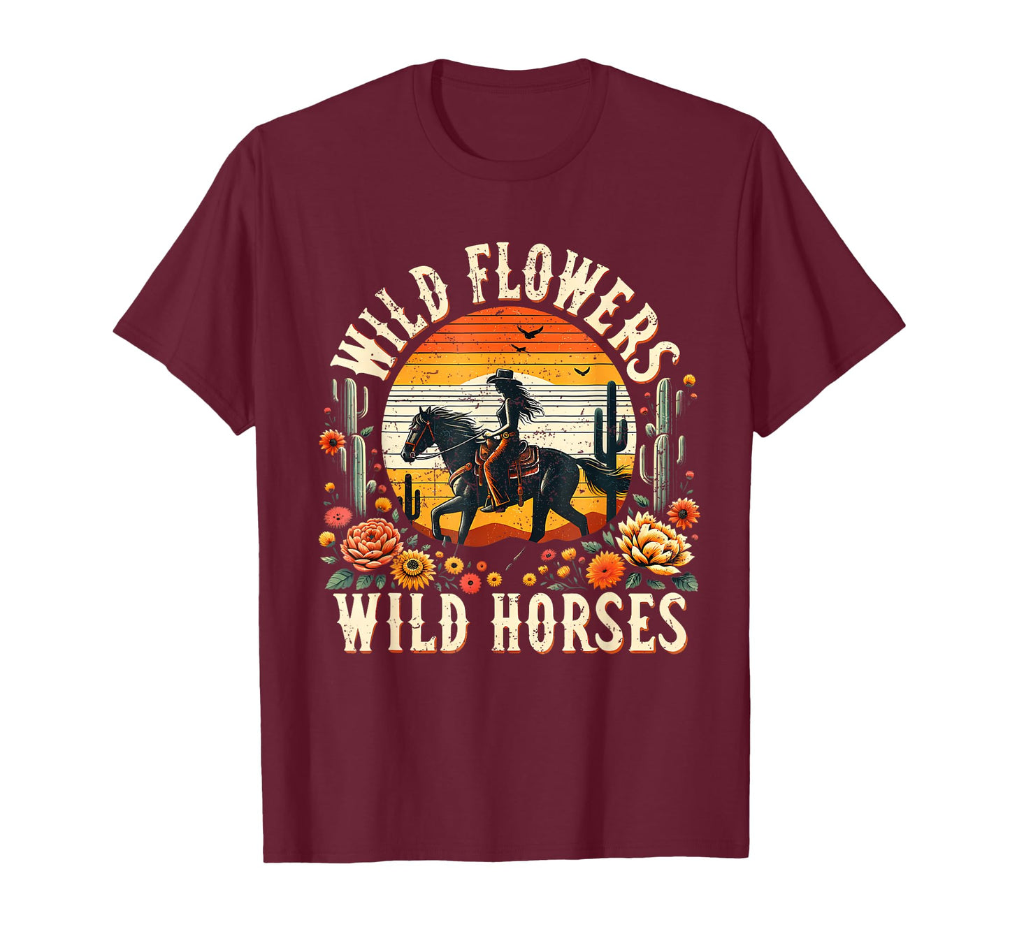 Sunset Cowgirl Riding Horse Wild Flowers Wild Horses T-Shirt