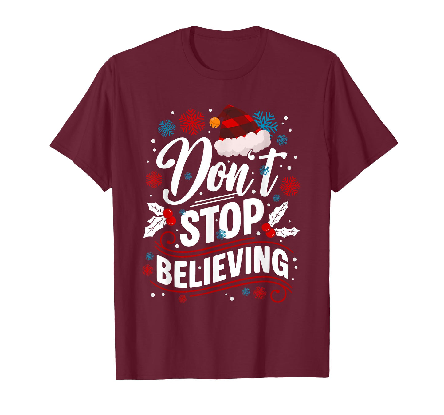 Don't Stop Believing Christmas Santa Claus Red Buffalo Plaid T-Shirt