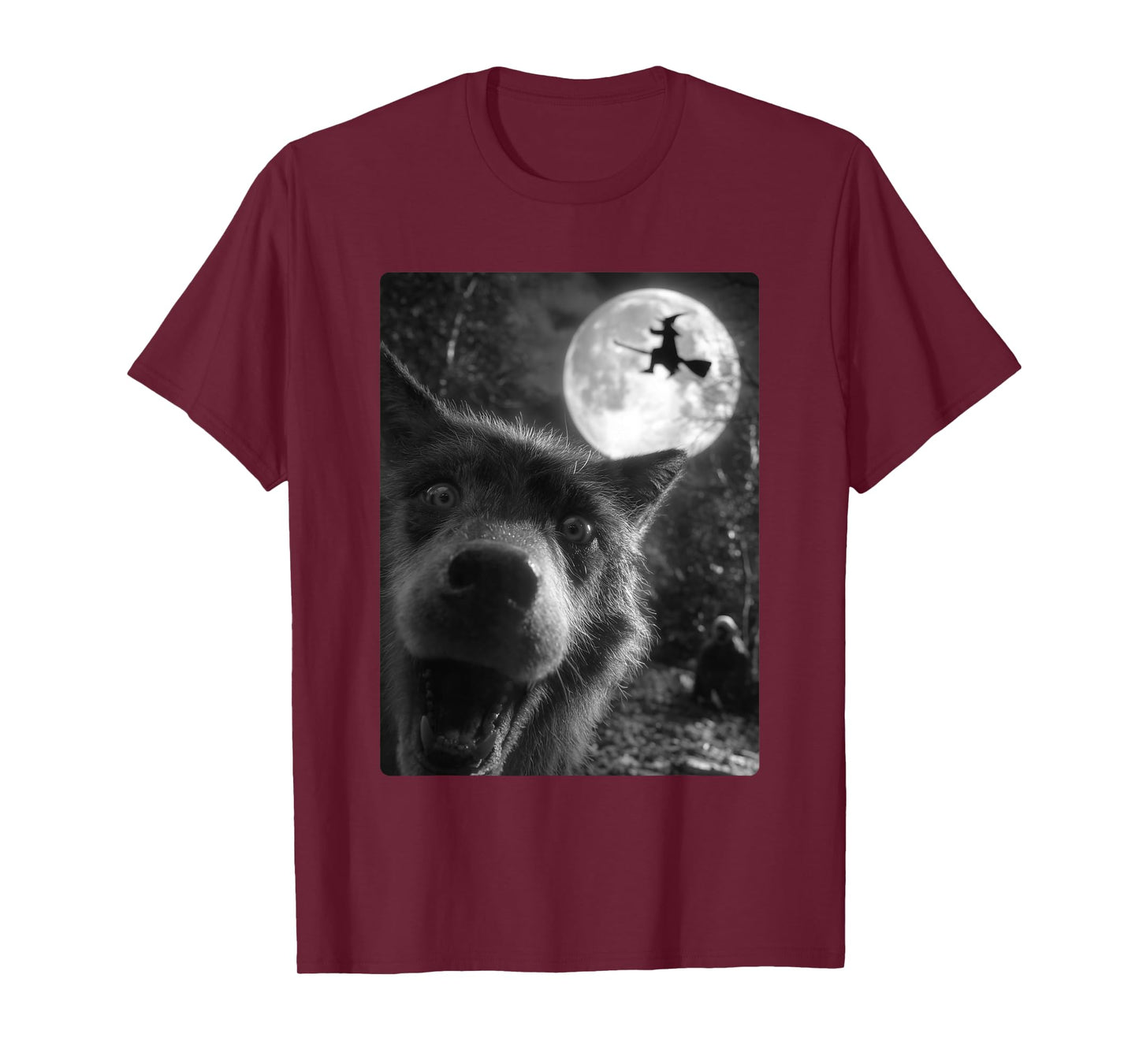 Funny Wolf Selfie Full Moon Flying Witch Forest Halloween T-Shirt