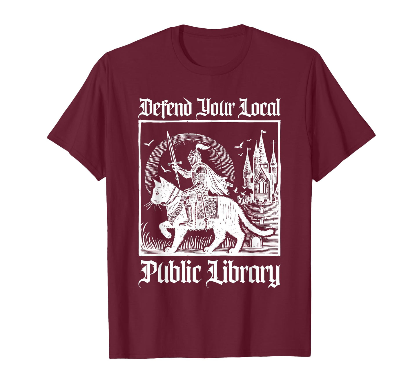 Defend Your Local Public Library Funny Knight Riding Cat T-Shirt