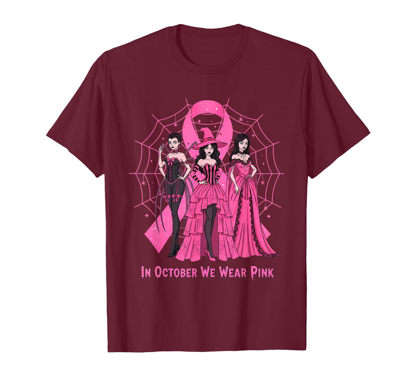 October We Wear Pink Spider Witch Halloween Breast Cancer T-Shirt
