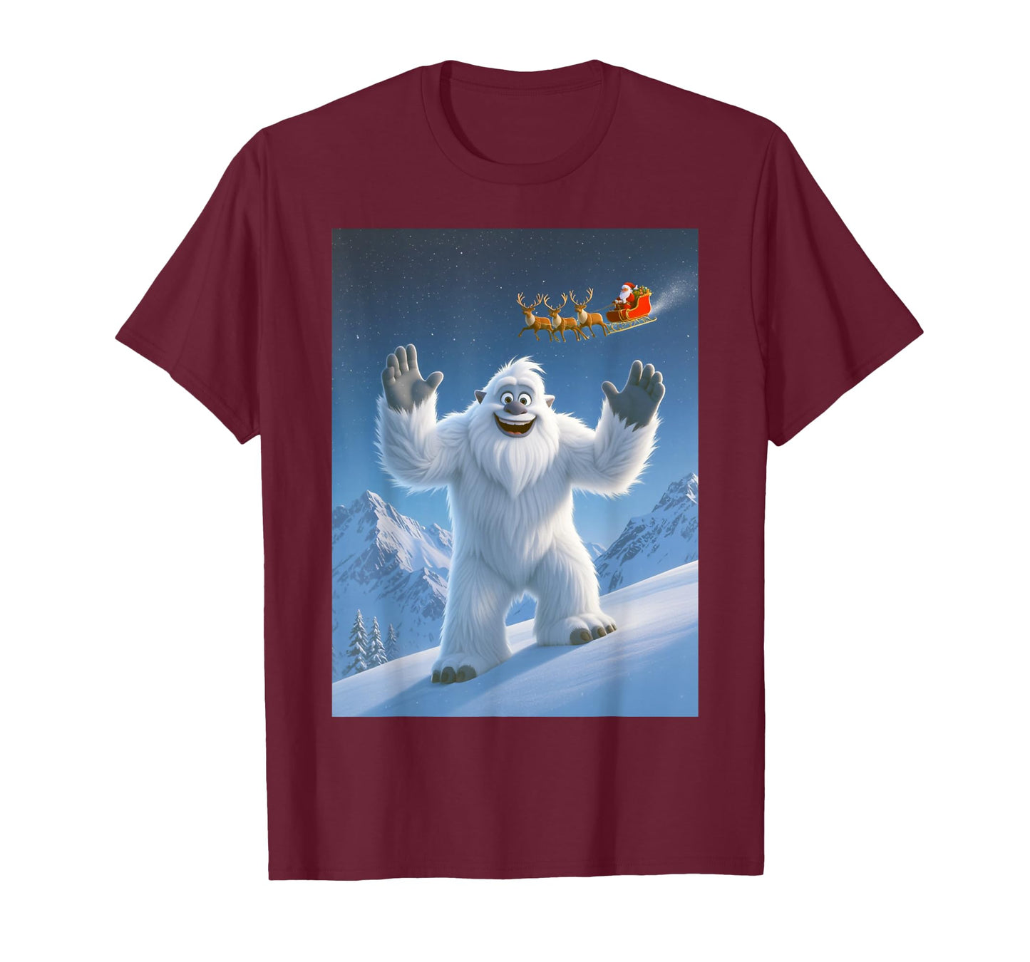 Yeti Waving at Santa Claus Flying Overhead Merry Christmas T-Shirt