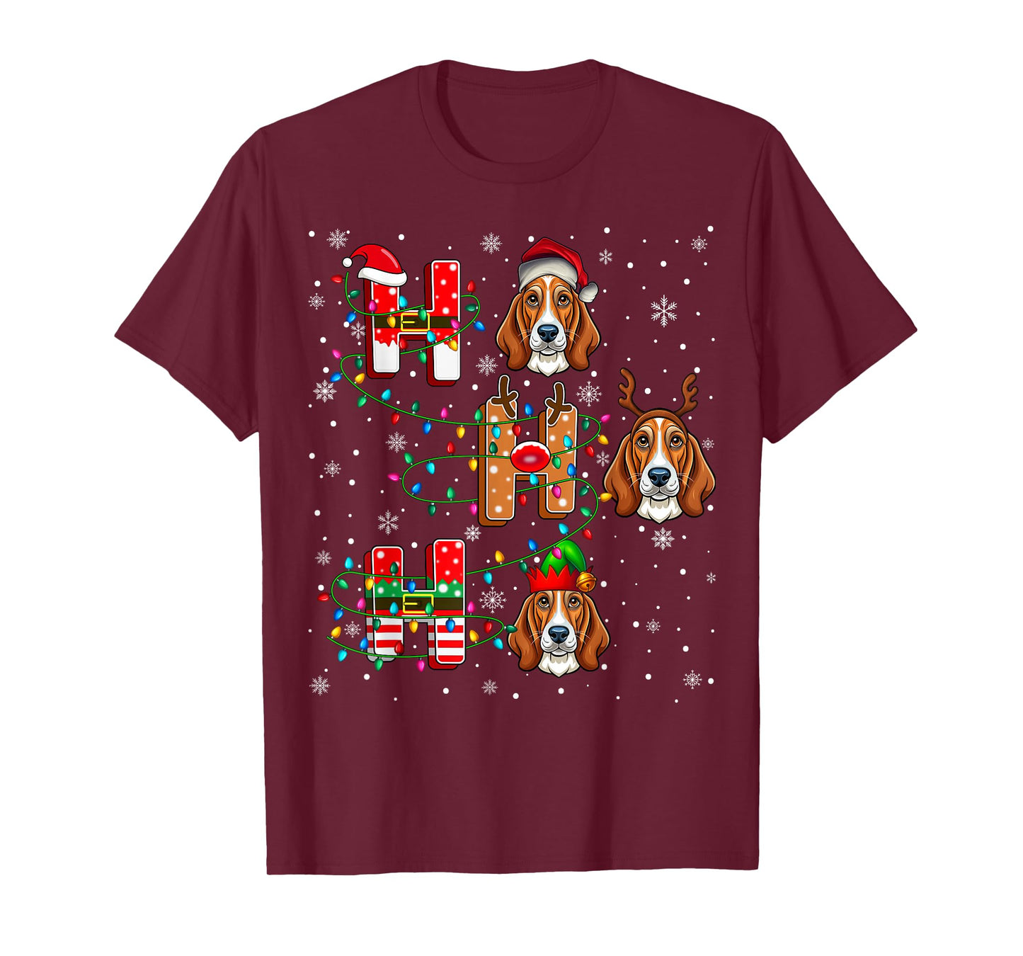 Ho Ho Santa Reindeer Hat Elf Matching Basset Hound Dog Xmas T-Shirt