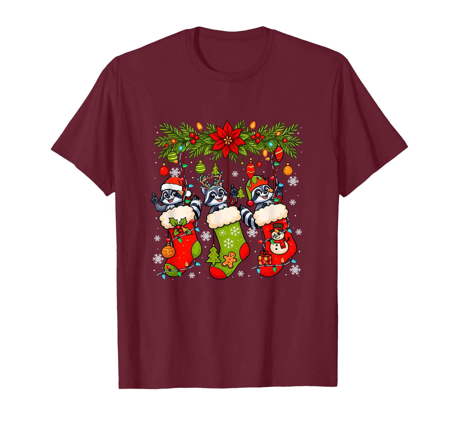 Three Santa Elf Reindeer Raccoons in Xmas Colorful Socks T-Shirt