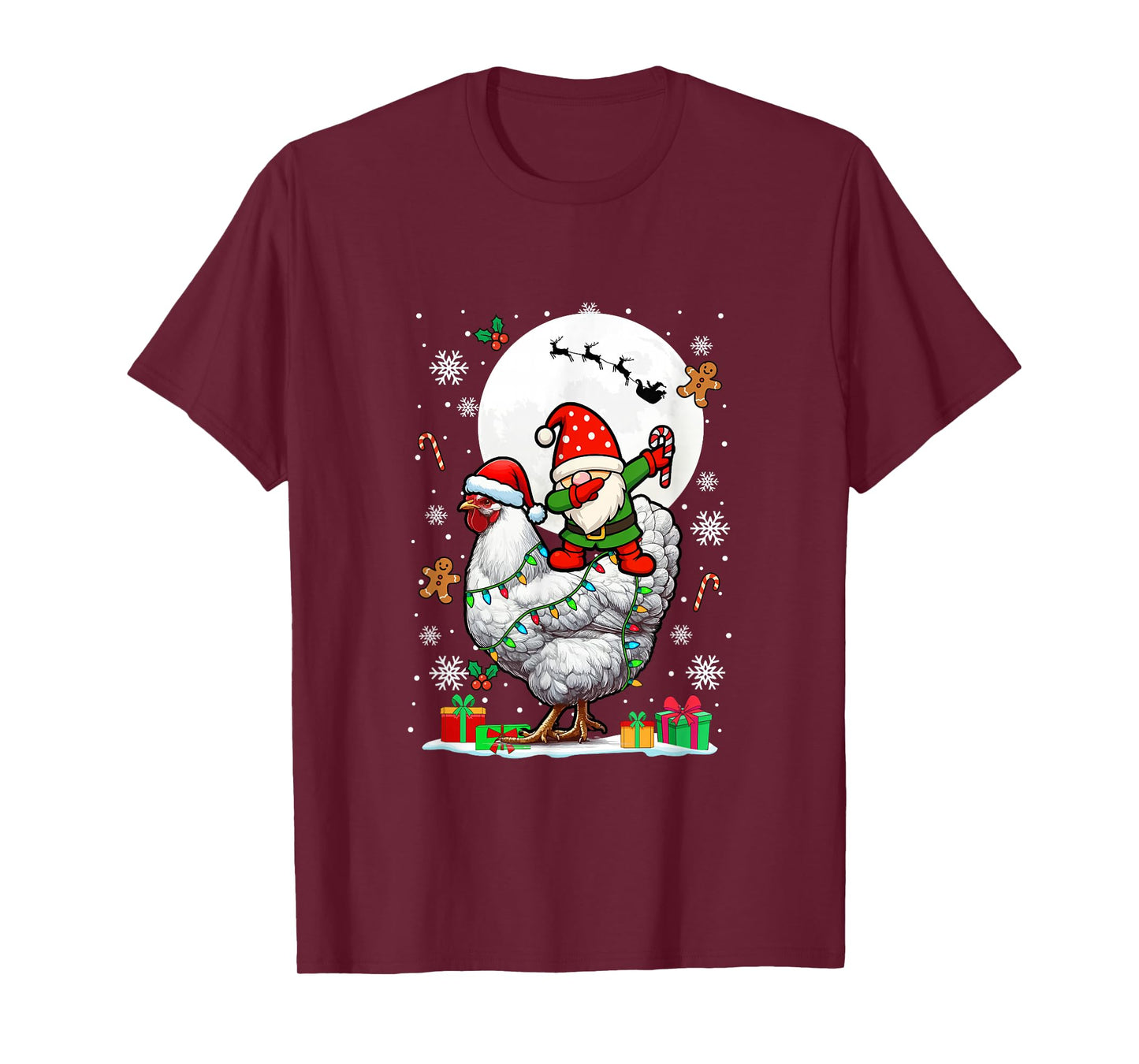 Dabbing Gnome On Chicken Christmas Santa Colorful Lights T-Shirt