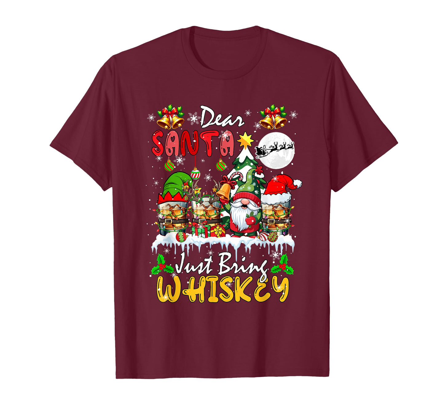 Just Bring Whiskey Christmas Three Santa Elf Whiskey Glasses T-Shirt