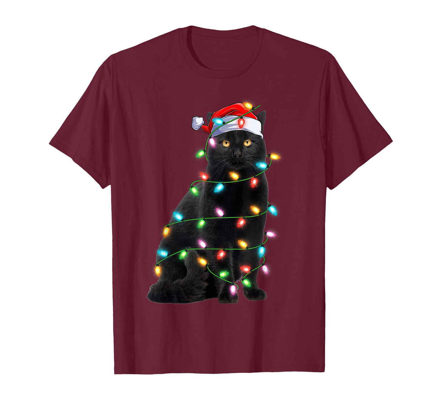 Xmas Lights Santa Hat Black Cat Christmas T-Shirt