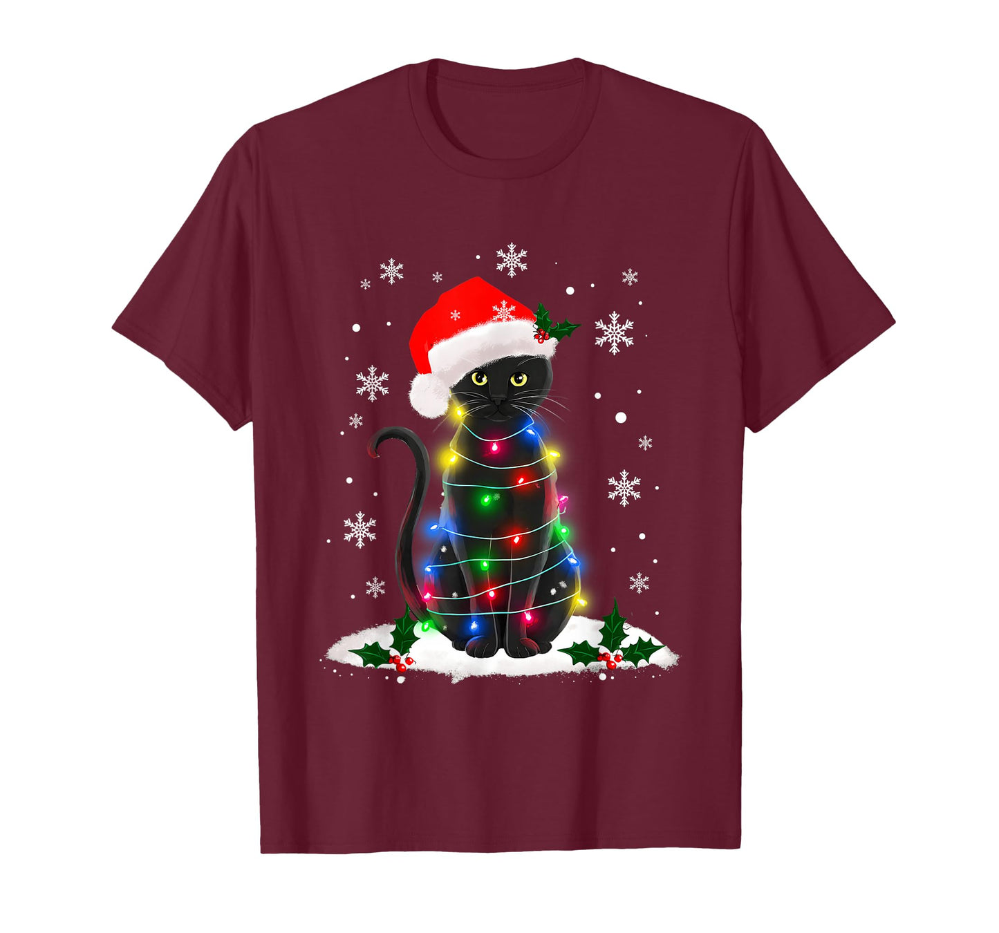 Funny Santa Kitten Black Cat Christmas Tree Lights T-Shirt